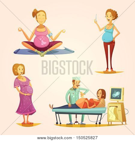 Pregnancy retro style 4 icons square banner with ultrasound screening and test strip result abstract vector illustration