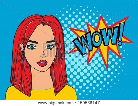 Pop art sexy woman with WOW bubble. Fashion beautiful woman with red hair. Pretty face cartoon style. White pop art bubble for banner. Comic girl vector illustration on yellow background