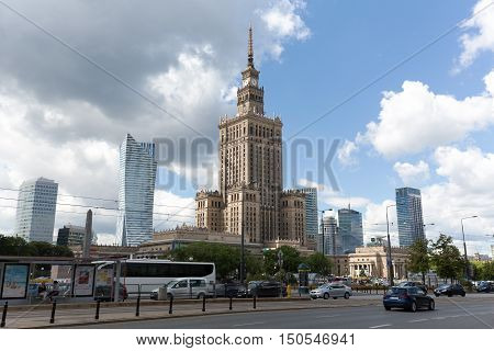 WARSAW POLAND - JUNE 11 2016: The downtown with its Palace of Culture and Science that is the tallest building in Poland with an overall height of 237 meters