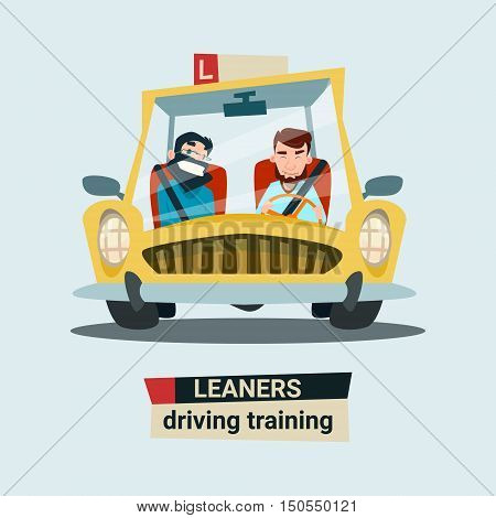 Driving Training Courses Practice Instructor With Student In Car Flat Vector Illustration