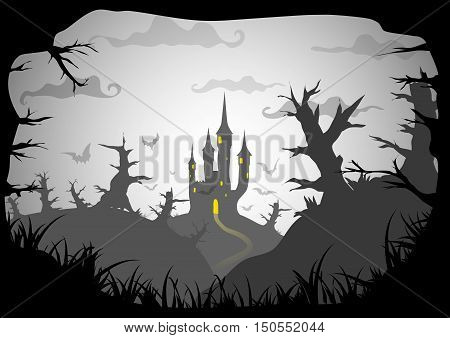 Halloween black and white poster spooky castle horizontal a3, a4 format size. Vector background