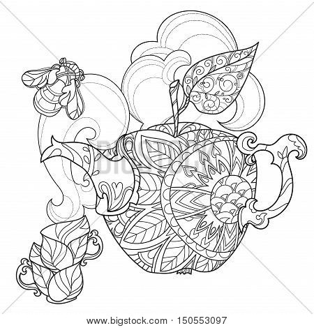 Honey tea pot apple doodle with cups .Hand drawn vector illustration. Sketch for tattoo adult relax coloring anti stress book. Zen art collection boho style.