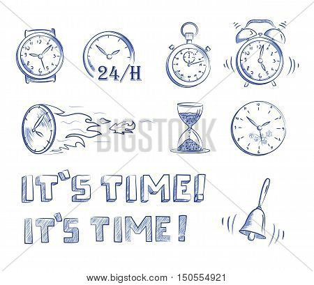 Icon set time and clocks. Hand drawn cartoon doodle vector illustration.