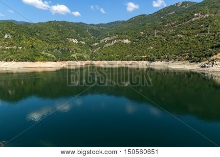 Amazing landscape with green forest around Vacha (Antonivanovtsy) Reservoir, Rhodopes Mountain, Bulgaria