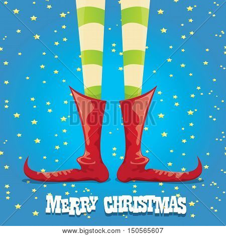 vector creative merry christmas greeting card, christmas cartoon elfs legs on blue background