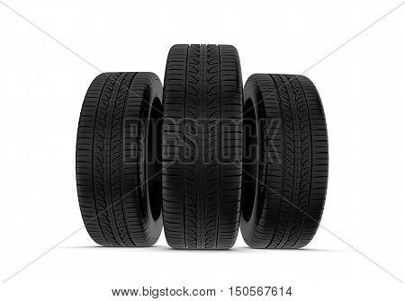 3d rendering black tires, isolated on white background. Rubber and caoutchouc. Transport and Transportation.