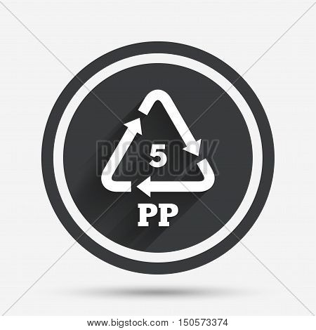 PP 5 icon. Polypropylene thermoplastic polymer sign. Recycling symbol. Circle flat button with shadow and border. Vector