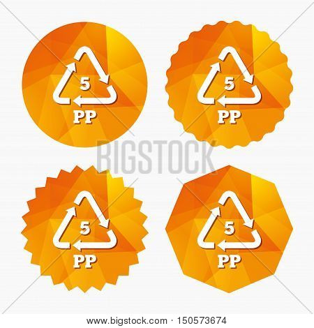 PP 5 icon. Polypropylene thermoplastic polymer sign. Recycling symbol. Triangular low poly buttons with flat icon. Vector