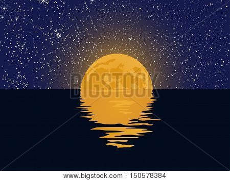 Vector moon over night sea with reflection and stars