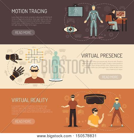 Virtual reality horizontal banners with gamers and devices for motion tracing eye tracking and virtual presence flat vector illustration