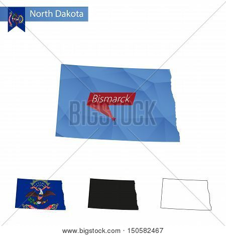 State Of North Dakota Blue Low Poly Map With Capital Bismarck.