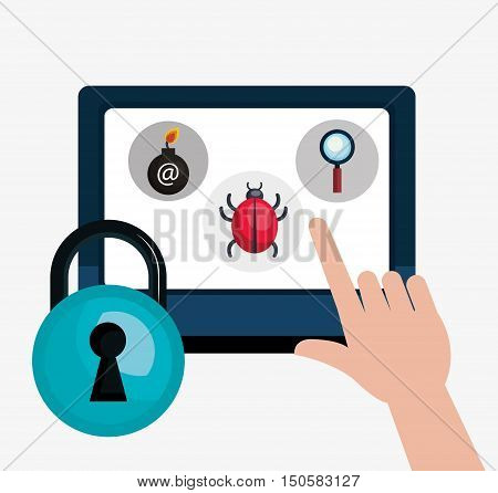 monitor computer with informatic virus and blue padlock. colorful design. vector illustration