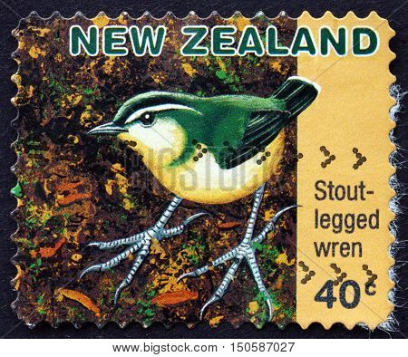 NEW ZEALAND - CIRCA 1996: a stamp printed in New Zealand shows Stout-legged Wren Pachyplichas Yaldwyni Extinct Species circa 1996
