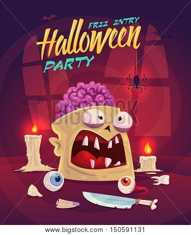 Zombie with brain. Horror set. Halloween poster background card. Vector illustration.