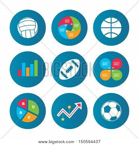 Business pie chart. Growth curve. Presentation buttons. Sport balls icons. Volleyball, Basketball, Soccer and American football signs. Team sport games. Data analysis. Vector
