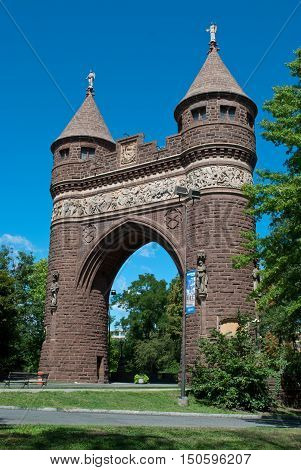 West side view of The Soldiers and Sailors Memorial Arch is a notable memorial to the American Civil War located in Hartford Connecticut. It was the first permanent triumphal arch in America and honors the 4000 Hartford citizens who served in the war.