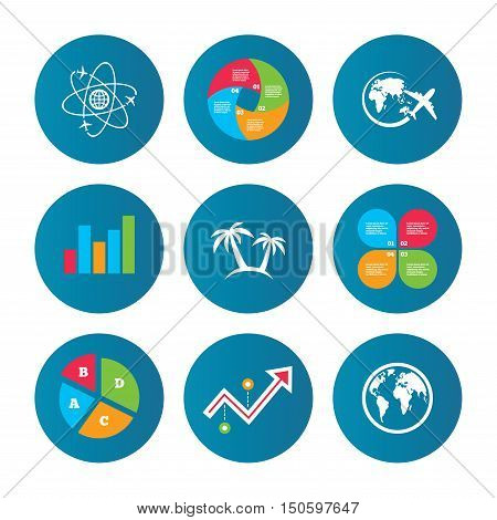 Business pie chart. Growth curve. Presentation buttons. Travel trip icon. Airplane, world globe symbols. Palm tree sign. Travel round the world. Data analysis. Vector