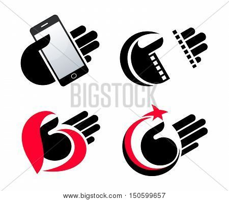 concept objects in hand. isolated smart phone filmstrip heart moon star vector icons eps10.