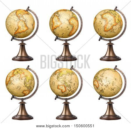 Collection of old style world globes isolated on white background. Showing all continents