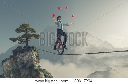 Juggler is balancing on rope with a bike between two mountains. This is a 3d render illustration