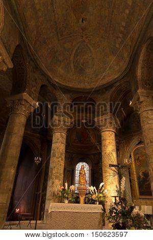 Poitiers France - September 12 2016: Very old church Notre Dame la Grande in Poitiers in France inside the statue of the Virgin Mary with Jesus and the keys to the city