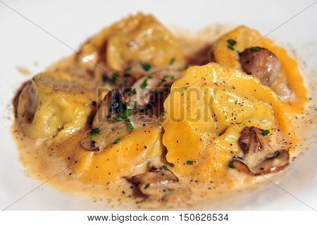 fresh pasta ravioli stuffed with mushroom sauce