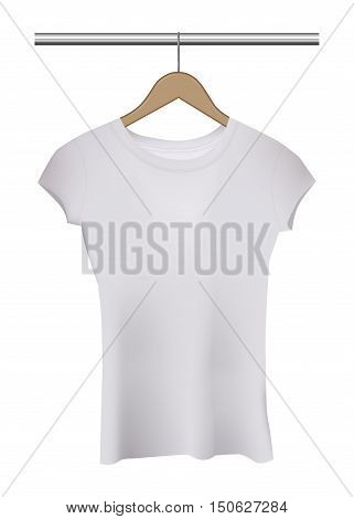 Isolated woman white t-shirt on hanger. Vector illustration.