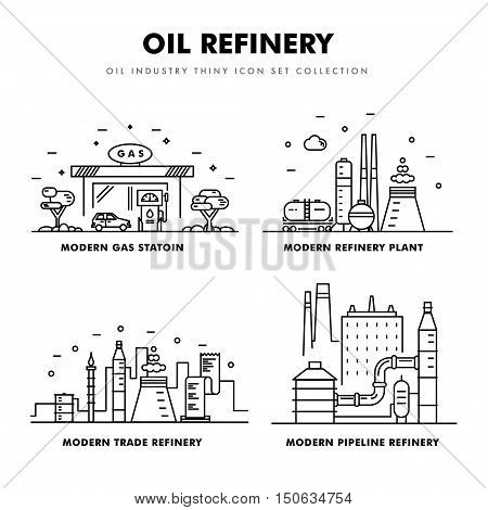 Modern petrol industry thin block line flat icons and composition with gas station technology and development gasoline program in black and white style