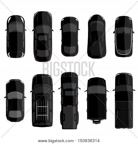 Vector illustration big set collection black cars top view. Sport car pickup truck sedan small mini car and offroad car