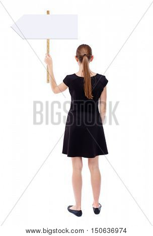 Back view woman showing sign board. man holds information plate. Rear view people collection. backside view of person. Isolated over white background. Girl in black holding a pointer.