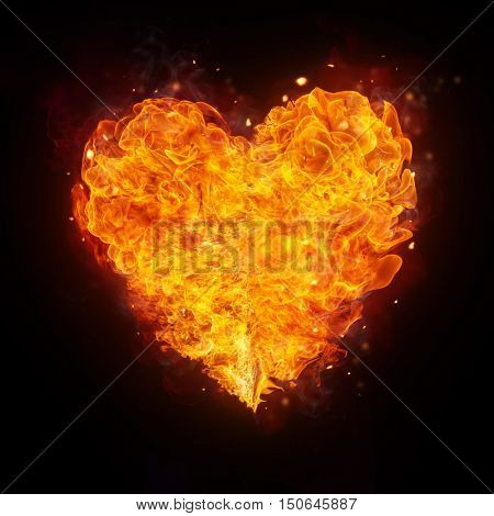 Abstract shape of fire heart isolated on black background