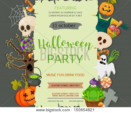 Halloween banner template. Vector background with pumpkin, ghost, candy in flat style. Great design for halloween party, menu or invitation. Retro cartoon style illustration