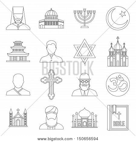 Religious symbol icons set in outline style. World religions and badges set collection vector illustration