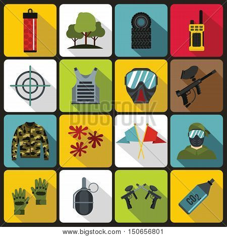 Paintball icons set in flat style. Airsoft equipment set collection vector illustration