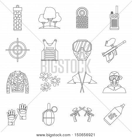 Paintball icons set in outline style. Airsoft equipment set collection vector illustration