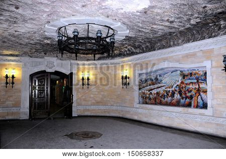 CRICOVA MOLDOVA - October 02: Wall painting in underground famous Cricova wine cellars on October 02 2016 in Cricova Moldova. The wine cellars of Cricova is second largest wine cellar in Moldova.