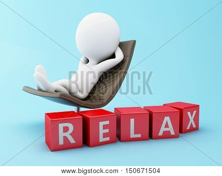 3d renderer image. White people relax on a chair. Isolated blue background.