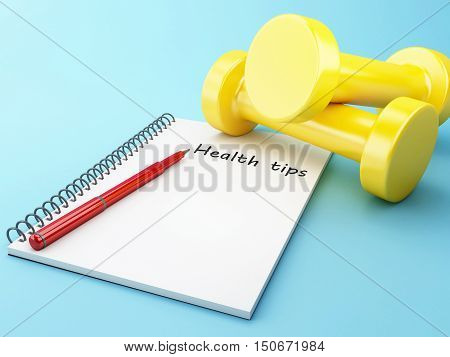 3D Illustration. Dumbbells with a notepad. Healthy lifestyle concept.