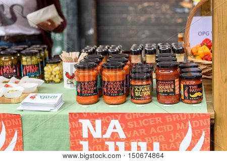 Ljubljana Slovenia - September 17 2016: 2nd Chili - Hot Pepper Festival Fair in Lepa Zoga. Different Hot Sauce makers present their products to the public. Volim Ljuto hot sauce.