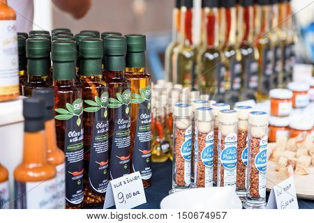Ljubljana Slovenia - September 17 2016: 2nd Chili - Hot Pepper Festival Fair in Lepa Zoga. Different Hot Sauce makers present their products to the public. Vrecar hot sauce.