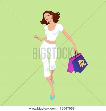 Virgo. A zodiac sign - the Virgo. Shopaholic. The beautiful dynamic girl in white. Shopping. Vector.