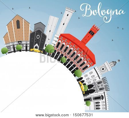 Bologna Skyline with Landmarks, Blue Sky and Copy Space. Vector Illustration. Business Travel and Tourism Concept with Historic Architecture. Image for Presentation Banner Placard and Web Site.