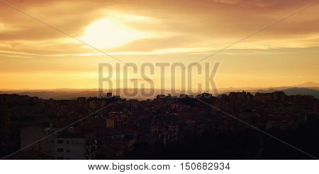 Typical Mediterranean Town On Sunset. Evening.