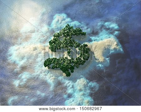 Dollar shaped tropical island. An island in the shape of a dollar, bird's-eye view.