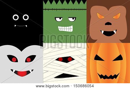 Halloween monsters' face illustrated in square photo; Bat, vampire, monster, Mummy, Wolfman, Pumpkin.