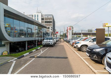 Khimki, Russia - September 12.2016. Car Dealer to sell a cars Hyunday and Mitsubishi