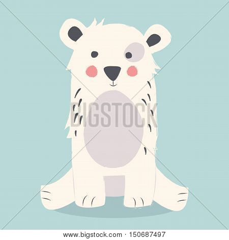 Cute polar bear sitting on the ground on blue background vector illustration
