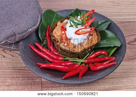 Streamed vegetable curry in banana leaf cup call 