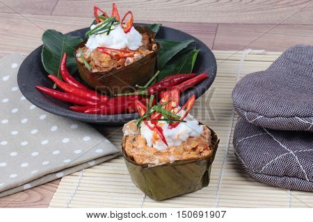 Streamed vegetable curry in banana leaf cup call 