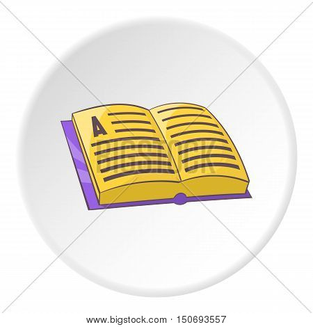 Open book with text icon in cartoon style isolated on white circle background. Reading symbol vector illustration